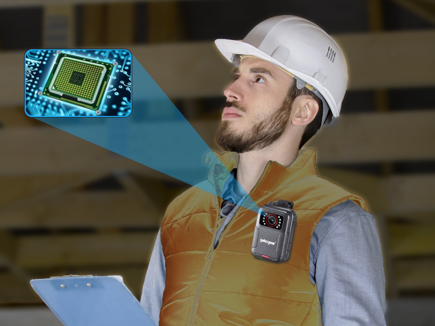 young builder with clipboard inspecting roof