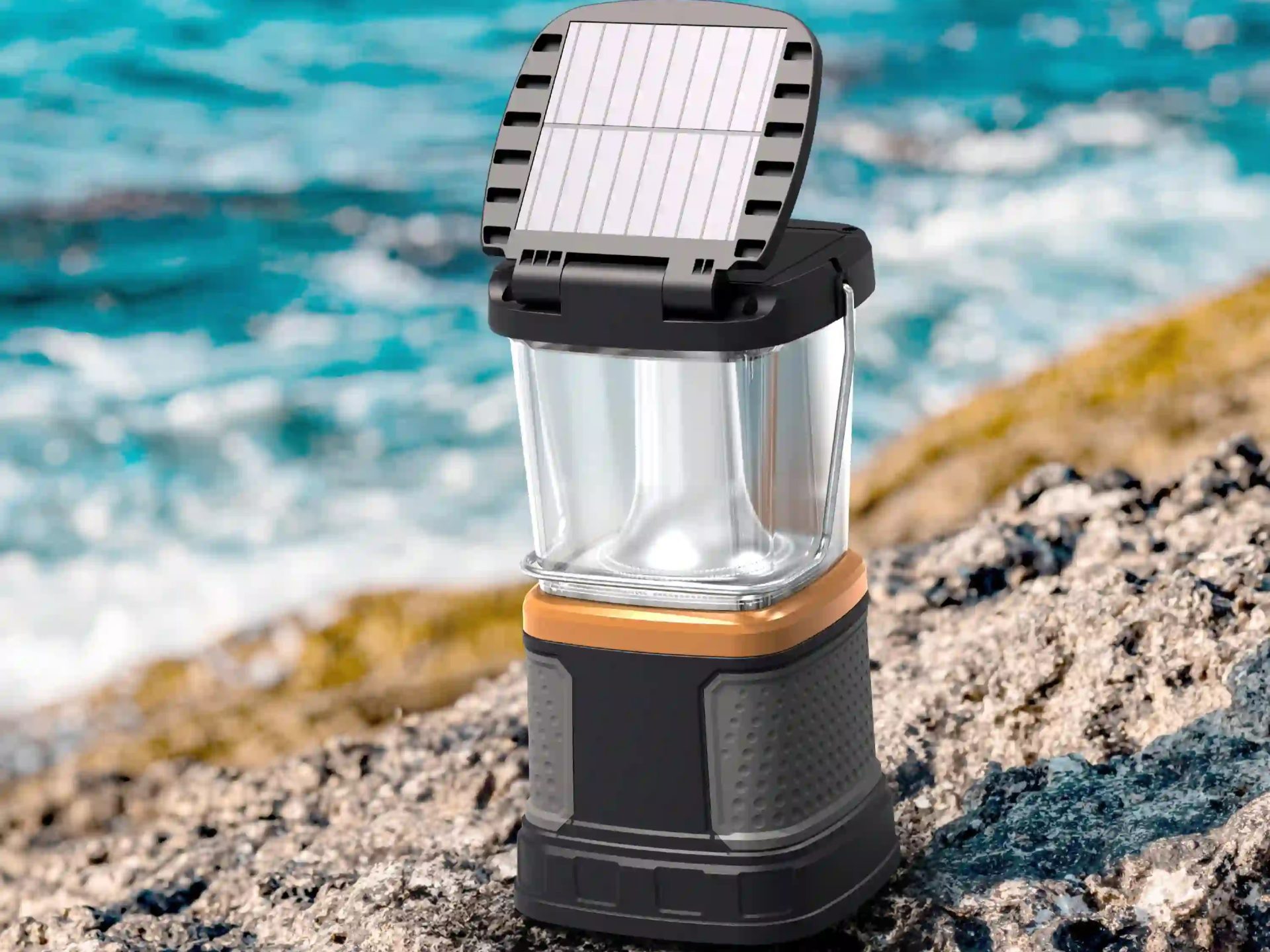 Duracell 3000L Tri-Power Lantern with rechargeable battery on beach