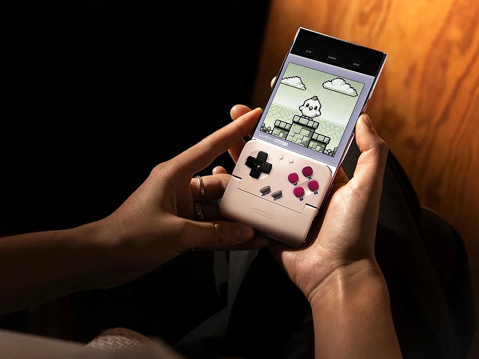 GameSir Pocket Taco vertical mobile gaming controller connected to phone