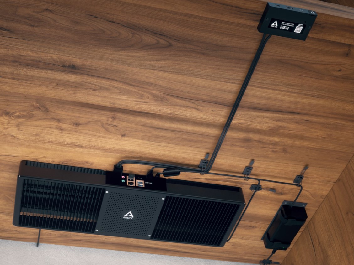 Arctic Senza AI 370 under desk PC mounted with cable management in use