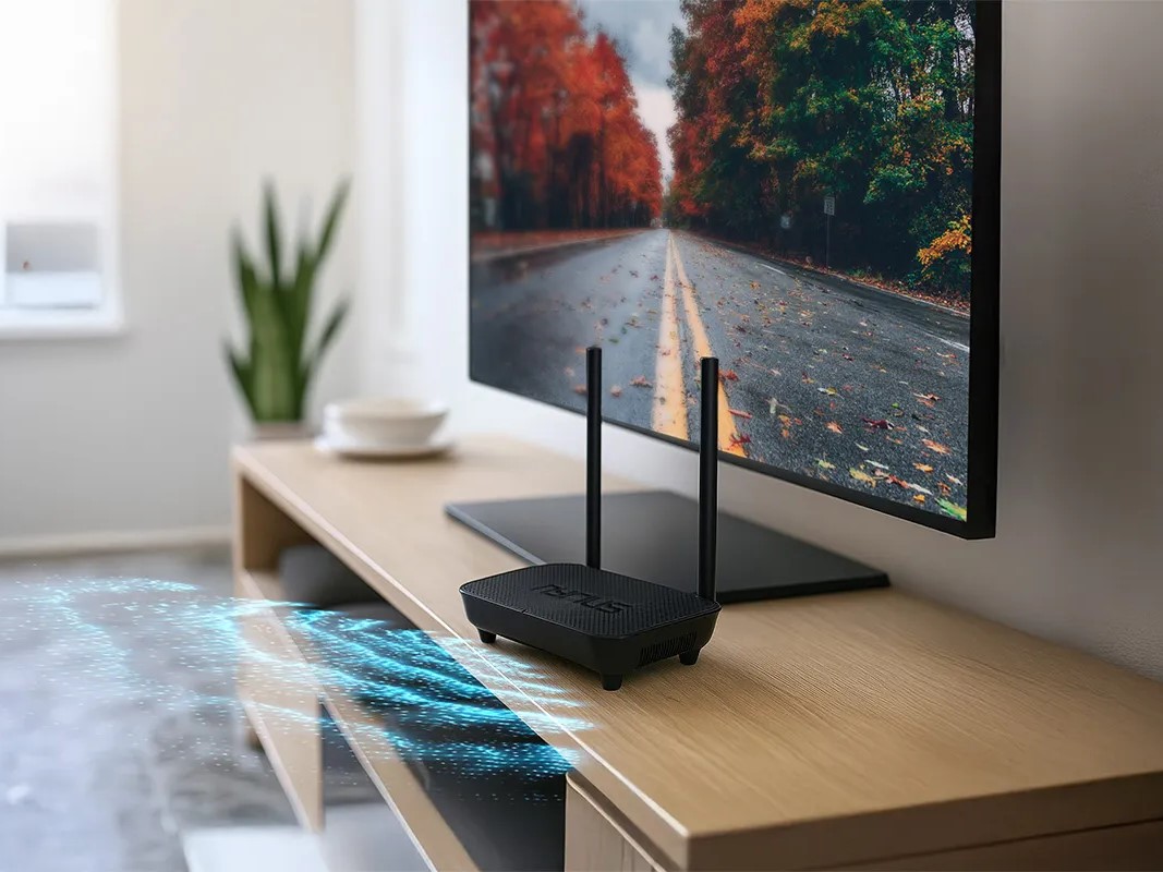 Nyrius Phoenix Home Wireless HDMI with 4K at 60FPS on entertainment stand