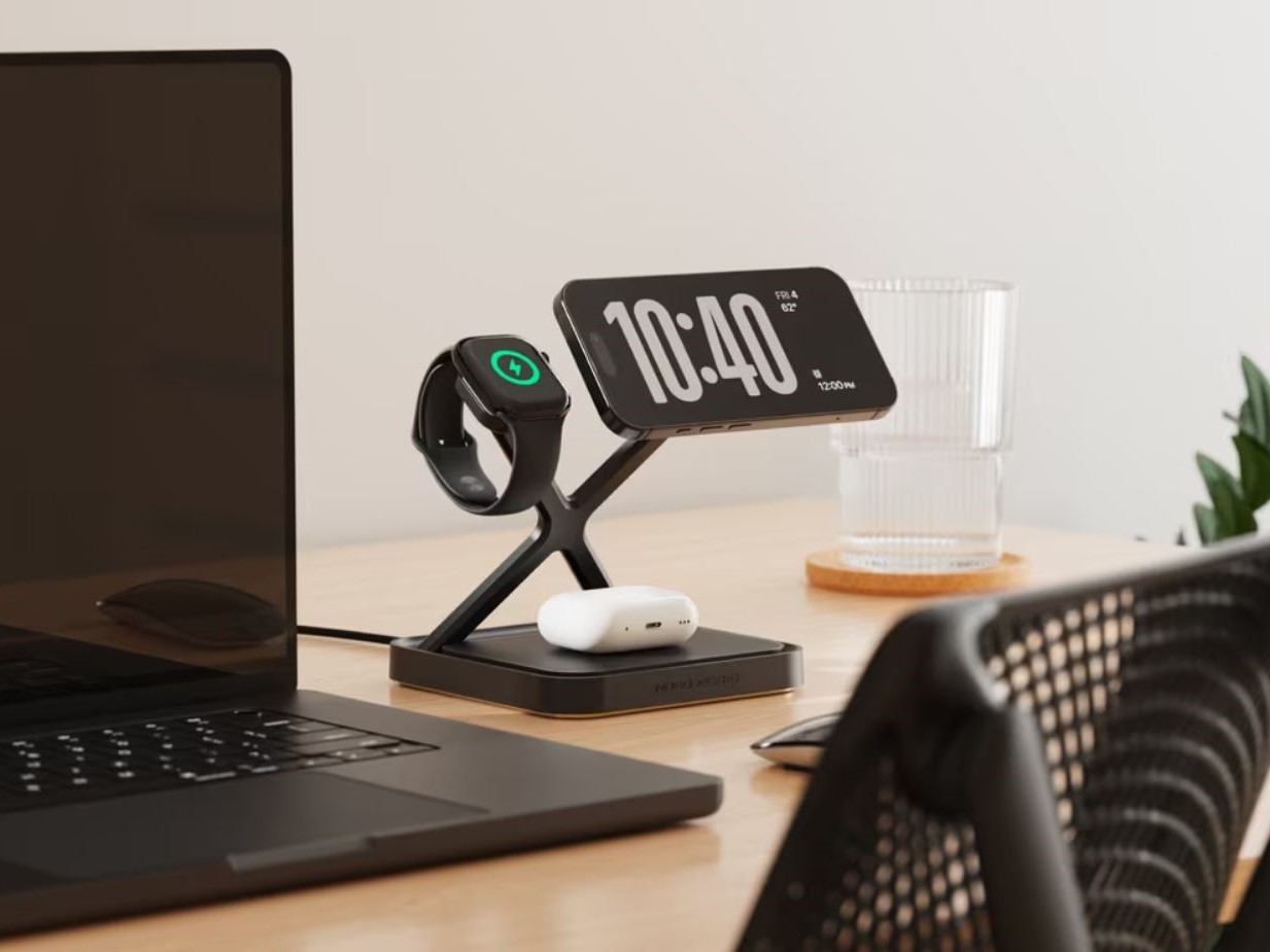 Noco XGrid XDS3 wireless charging stand for Apple devices on a desk